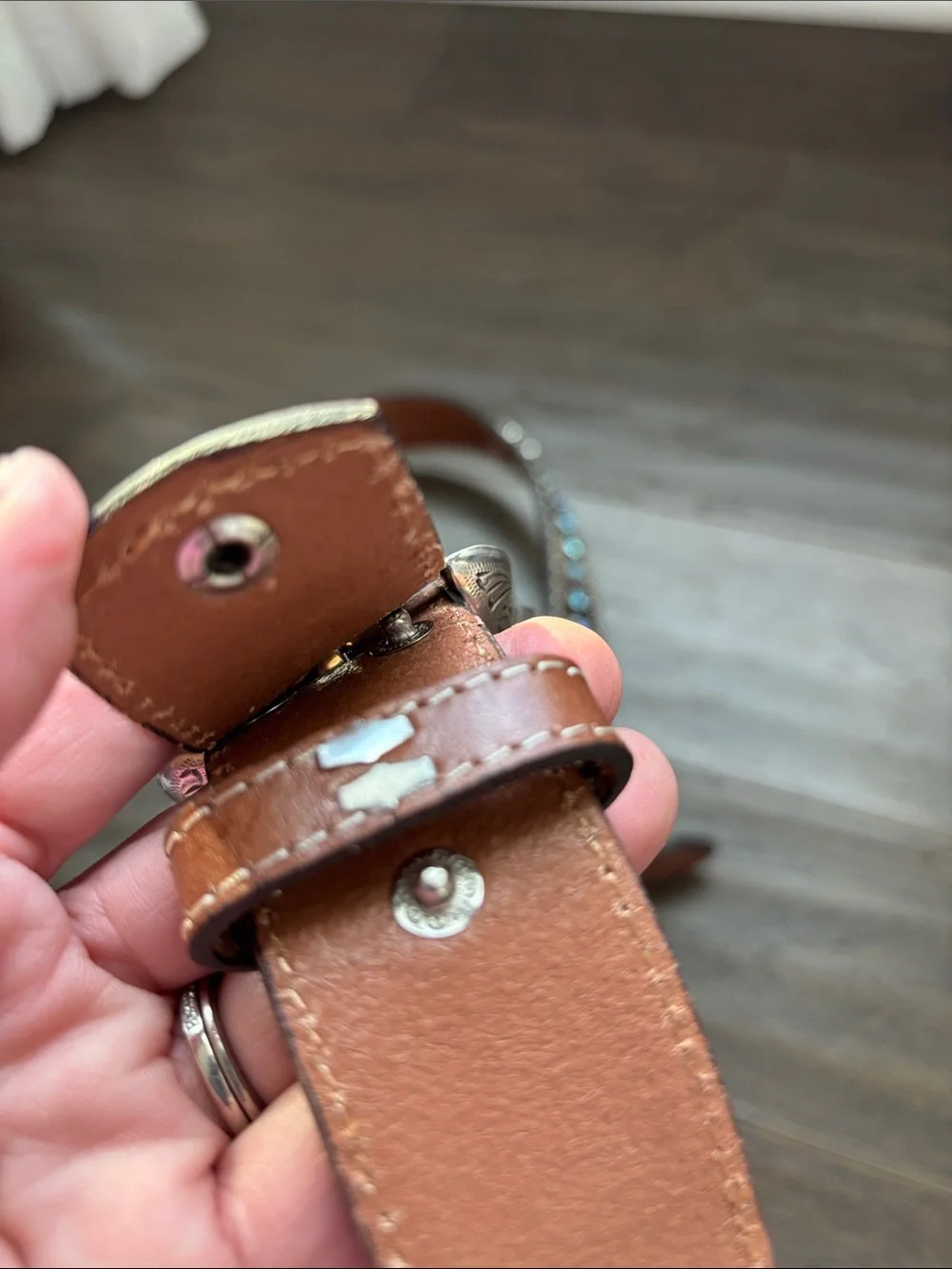 Nocona Genuine Tooled Leather,Hair on hide, Concho,blue stones,silvertone buckle
